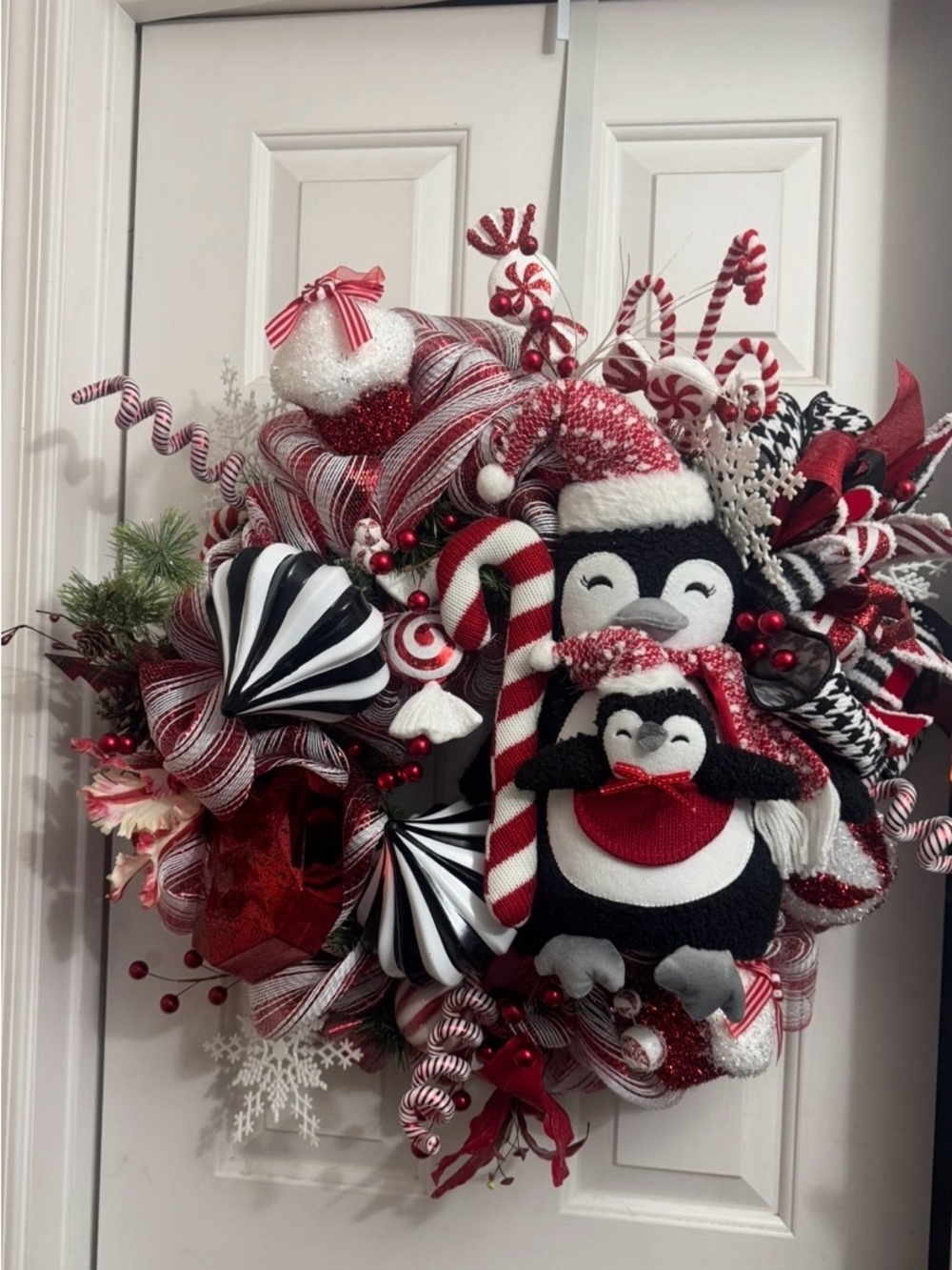 Festive Penguin Holiday Wreath in Red, White & Black